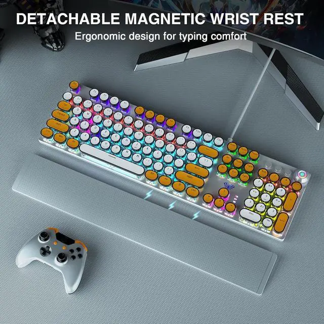 Alt view image 2 of 7 - AULA F2088 Typewriter Style Mechanical Keyboard,Rainbow LED Backlit,Clicky Blue Switches,Removable Wrist Rest,Media Control Knob,Retro Round Keycaps,USB Wired PC Computer Keyboards