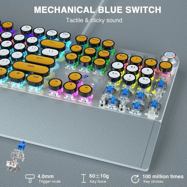 Alt view image 4 of 7 - AULA F2088 Typewriter Style Mechanical Keyboard,Rainbow LED Backlit,Clicky Blue Switches,Removable Wrist Rest,Media Control Knob,Retro Round Keycaps,USB Wired PC Computer Keyboards