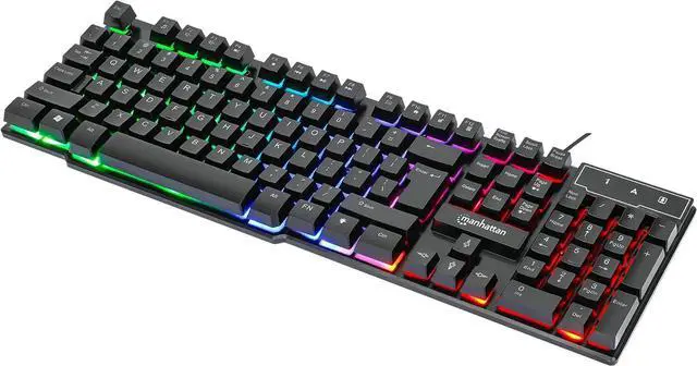 Main image of MANHATTAN RGB LED USB Gaming Keyboard - Full Size, Rainbow Backlight, Spill-Resistant, Quiet Keystrokes, 12 Multimedia Function Keys, for Computer, PC, Desktop, Gamer  3 Yr Mfg Warranty - 180603