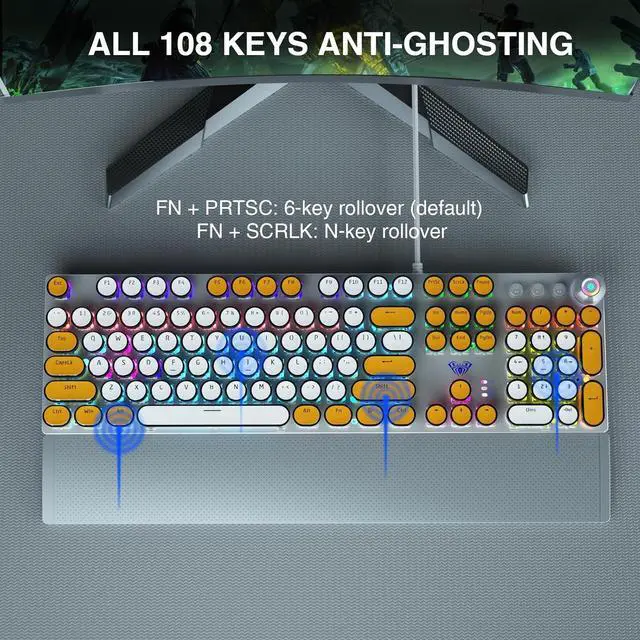 Alt view image 5 of 7 - AULA F2088 Typewriter Style Mechanical Keyboard,Rainbow LED Backlit,Clicky Blue Switches,Removable Wrist Rest,Media Control Knob,Retro Round Keycaps,USB Wired PC Computer Keyboards