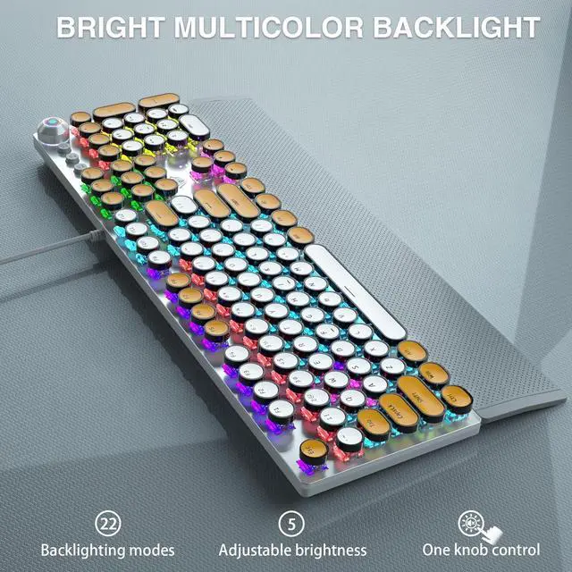 Alt view image 6 of 7 - AULA F2088 Typewriter Style Mechanical Keyboard,Rainbow LED Backlit,Clicky Blue Switches,Removable Wrist Rest,Media Control Knob,Retro Round Keycaps,USB Wired PC Computer Keyboards