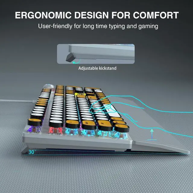 Alt view image 7 of 7 - AULA F2088 Typewriter Style Mechanical Keyboard,Rainbow LED Backlit,Clicky Blue Switches,Removable Wrist Rest,Media Control Knob,Retro Round Keycaps,USB Wired PC Computer Keyboards