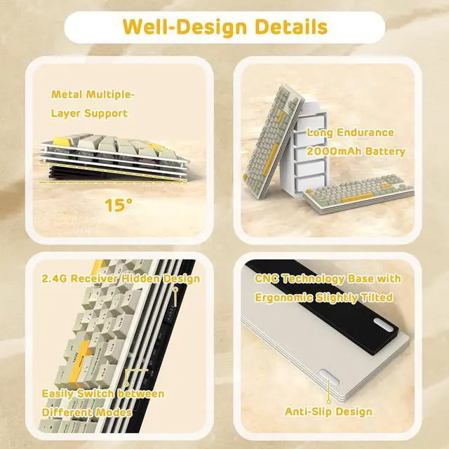 Alt view image 6 of 7 - AKC087 Wireless Mechanical Keyboard, 87 Keys Compact TKL Gaming Keyboard, BT5.0/2.4G/Wired 75% Keyboard, RGB Hot Swappable Mechanical Keyboard OEM Profile Yellow Switch for Windows Mac Laptop