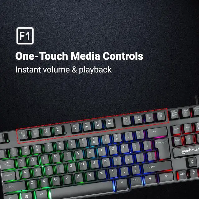 Alt view image 3 of 7 - MANHATTAN RGB LED USB Gaming Keyboard - Full Size, Rainbow Backlight, Spill-Resistant, Quiet Keystrokes, 12 Multimedia Function Keys, for Computer, PC, Desktop, Gamer  3 Yr Mfg Warranty - 180603