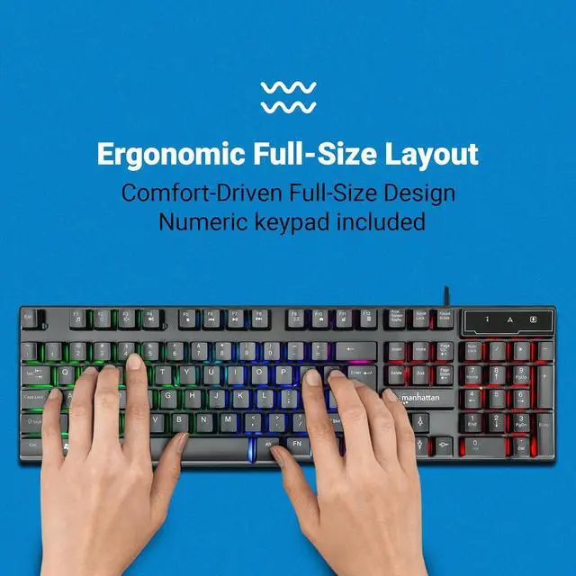 Alt view image 7 of 7 - MANHATTAN RGB LED USB Gaming Keyboard - Full Size, Rainbow Backlight, Spill-Resistant, Quiet Keystrokes, 12 Multimedia Function Keys, for Computer, PC, Desktop, Gamer  3 Yr Mfg Warranty - 180603