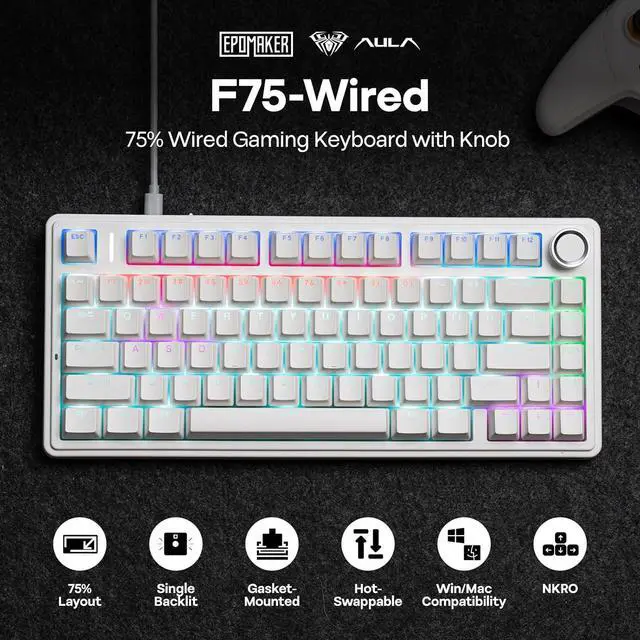 Alt view image 2 of 7 - EPOMAKER Aula F75-Wired 75% Gaming Keyboard with Knob, Shine Through ABS Keycap, Hot Swappable Creamy Mechanical Keyboard for Games/Office (White)
