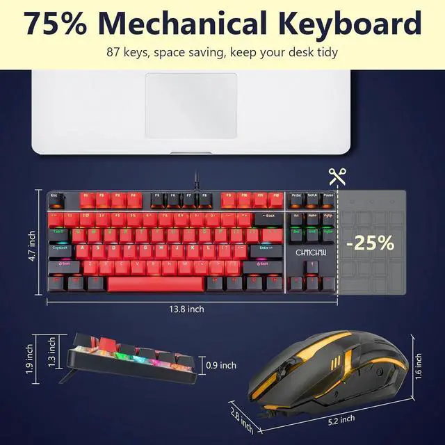 Alt view image 2 of 7 - CHONCHOW Mechanical Gaming Keyboard and Mouse Combo, LED Backlit, Blue Switch, 87 Keys TKL, Hot Swappable Mechanical Keyboard, RGB Mouse 1200-4200 DPI for Ps4 Xbox PC Laptop Mac Windows