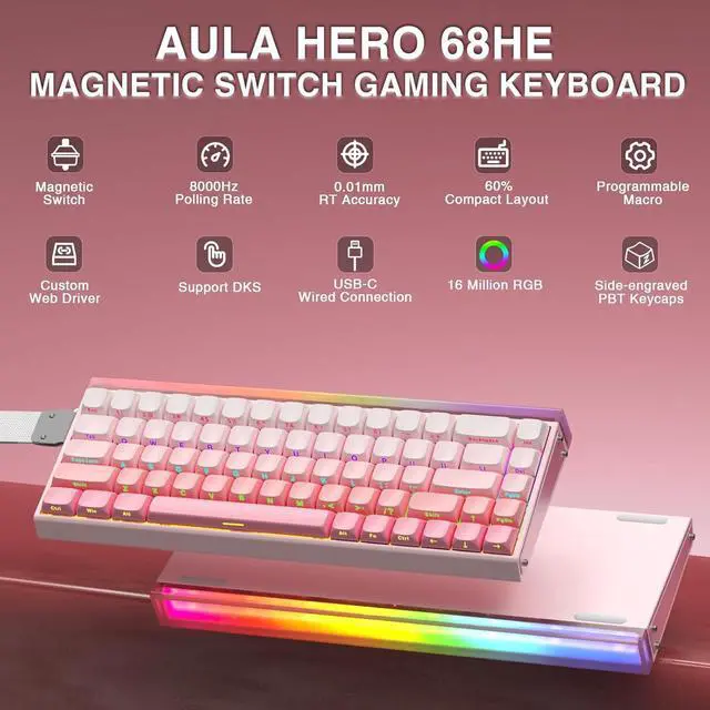 Alt view image 2 of 7 - AULA Hero 68 HE 60% Wired Gaming Keyboard, Hall Effect Magnetic Switch Keyboard with Adjustable Actuation, Fast Trigger Mode, 8K Hz Polling Rate, 0.125ms Latency,RGB Backlit, Side Printed PBT Keycaps