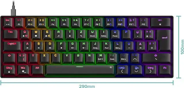 Alt view image 4 of 7 - Speedlink Atmos 60% RGB Mechanical Gaming Keyboard Wired Brown Switches Heavy Duty Steel Plate Removable USB-C Cable Backlit German Layout QWERTZ Black