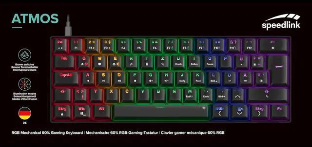 Alt view image 6 of 7 - Speedlink Atmos 60% RGB Mechanical Gaming Keyboard Wired Brown Switches Heavy Duty Steel Plate Removable USB-C Cable Backlit German Layout QWERTZ Black