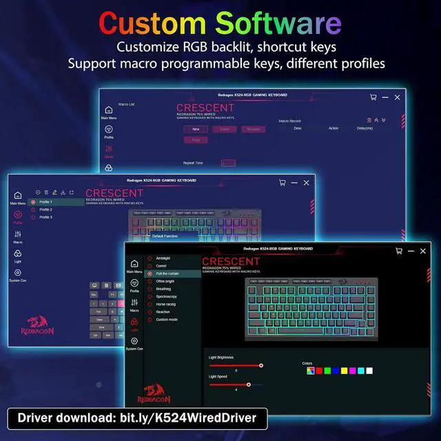 Alt view image 7 of 7 - Redragon K524 RGB Gaming Keyboard Wired, Extra On-Board Macro Keys, Dedicated Multimedia Keys, Anti-ghosting, RGB Backlit, Software Support, 75% Portable Quiet Membrane Keyboard, Black