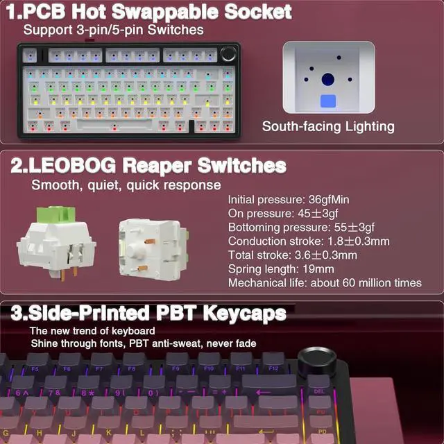 Alt view image 6 of 7 - AULA F75 Pro Wireless Mechanical Keyboard,75% Gasket Hot Swappable Custom Keyboard,RGB Backlit,Pre-lubed Reaper Switches,Side Printed PBT Keycaps Mechanical Gaming Keyboards, Pink&Black