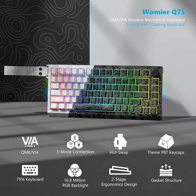 Alt view image 3 of 6 - Womier 75% Percent Keyboard Wireless with Topographic Strap,QMK/VIA Creamy Mechanical Keyboard Gaming, RGB Custom Hot Swappable Key Board, PBT Keycaps for Windows & Mac - POM Linear Switch(Q75)