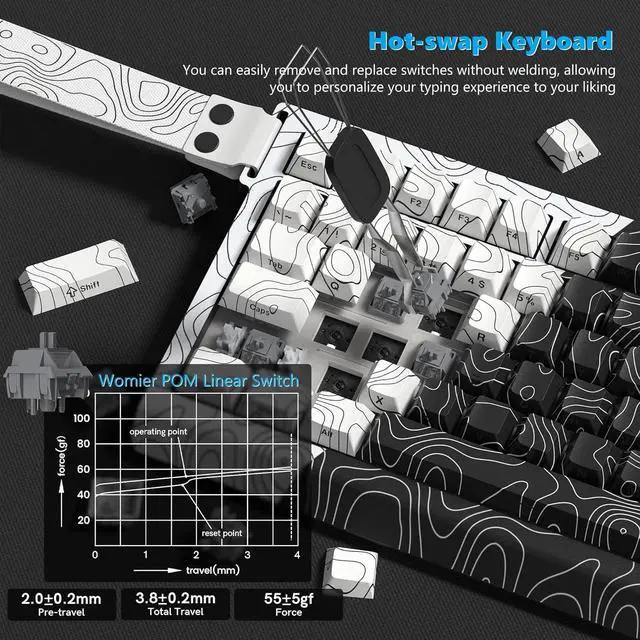 Alt view image 6 of 6 - Womier 75% Percent Keyboard Wireless with Topographic Strap,QMK/VIA Creamy Mechanical Keyboard Gaming, RGB Custom Hot Swappable Key Board, PBT Keycaps for Windows & Mac - POM Linear Switch(Q75)