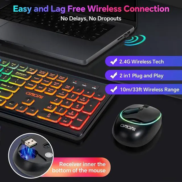 Alt view image 3 of 7 - CHONCHOW Wireless Keyboard and Mouse Combo with Backlit, USB Rechargeable & Full Size LED Light Up, Ergonomic Tilt Angle, 2.4GHz Silent Keyboard Mouse, 3 DPI Adjustable for PC, Laptop, Mac, Windows
