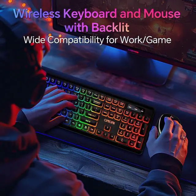 Alt view image 7 of 7 - CHONCHOW Wireless Keyboard and Mouse Combo with Backlit, USB Rechargeable & Full Size LED Light Up, Ergonomic Tilt Angle, 2.4GHz Silent Keyboard Mouse, 3 DPI Adjustable for PC, Laptop, Mac, Windows