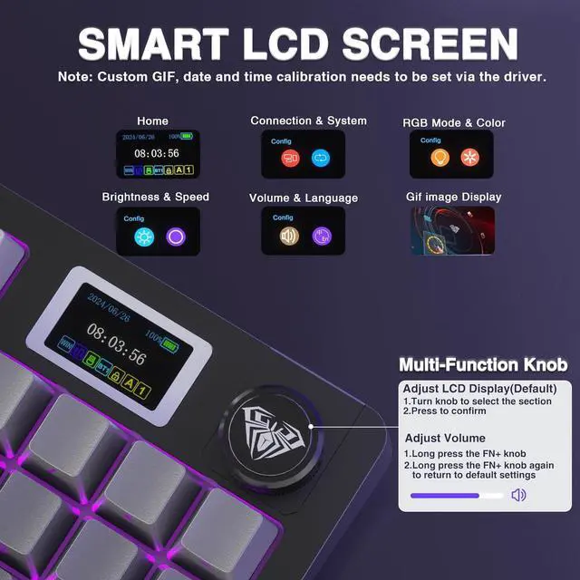 Alt view image 3 of 7 - AULA S98 Pro Wireless Mechanical Keyboard with Screen & Knob,2.4GHz/USB-C/BT5.0 Hot Swappable Creamy Keyboard,Pre-lubed Linear Switches,Side Printed PBT Keycaps,RGB Backlit Gaming Keyboards