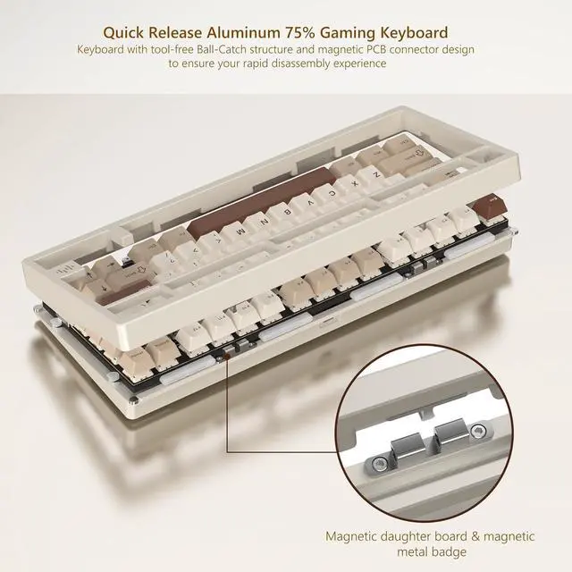 Alt view image 2 of 6 - Womier RD75 Pro 75% Wireless Gaming Keyboard, Quick Release Aluminum Keyboard, QMK/VIA Tri-Mode Mechanical Key Board Custom Hot Swappable with RGB Creamy for Windows/Mac/PC-Milk White