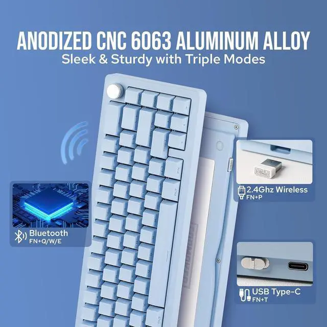 Alt view image 2 of 7 - EPOMAKER Tide65 QMK/VIA Wireless Gaming Keyboard, 65% Aluminum Mechanical, Programmable, Bluetooth/2.4Ghz/USB-C, with FR4 Plate for Win/Mac (Blue, Zebra Switch)