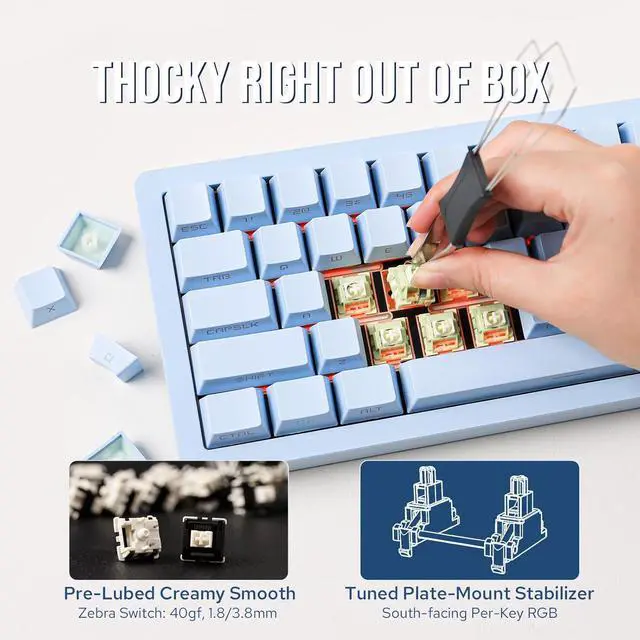 Alt view image 7 of 7 - EPOMAKER Tide65 QMK/VIA Wireless Gaming Keyboard, 65% Aluminum Mechanical, Programmable, Bluetooth/2.4Ghz/USB-C, with FR4 Plate for Win/Mac (Blue, Zebra Switch)