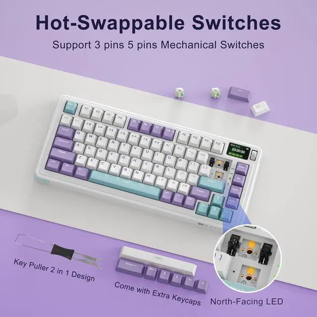 Alt view image 4 of 7 - BOYI C75Pro Mechanical Keyboard with Screen,BT5.0/2.4G/Type-C/USB-A Port RGB Hot Swappable Gasket Mount 75% Compact Layout for Gaming/Typing/Win/Mac/PC(Purple,Linear Switch)