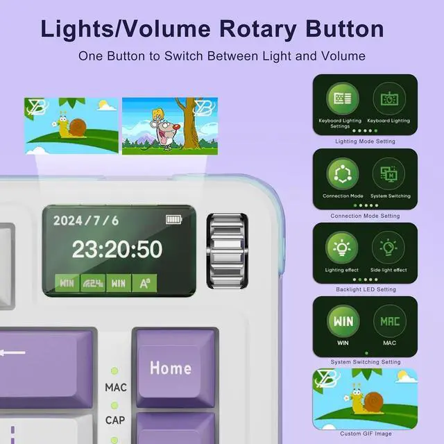 Alt view image 2 of 7 - BOYI C75Pro Mechanical Keyboard with Screen,BT5.0/2.4G/Type-C/USB-A Port RGB Hot Swappable Gasket Mount 75% Compact Layout for Gaming/Typing/Win/Mac/PC(Purple,Linear Switch)