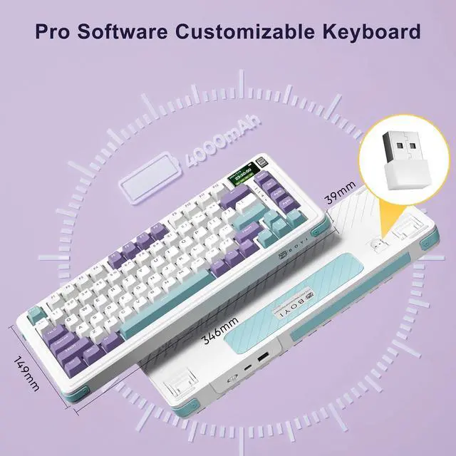 Alt view image 7 of 7 - BOYI C75Pro Mechanical Keyboard with Screen,BT5.0/2.4G/Type-C/USB-A Port RGB Hot Swappable Gasket Mount 75% Compact Layout for Gaming/Typing/Win/Mac/PC(Purple,Linear Switch)