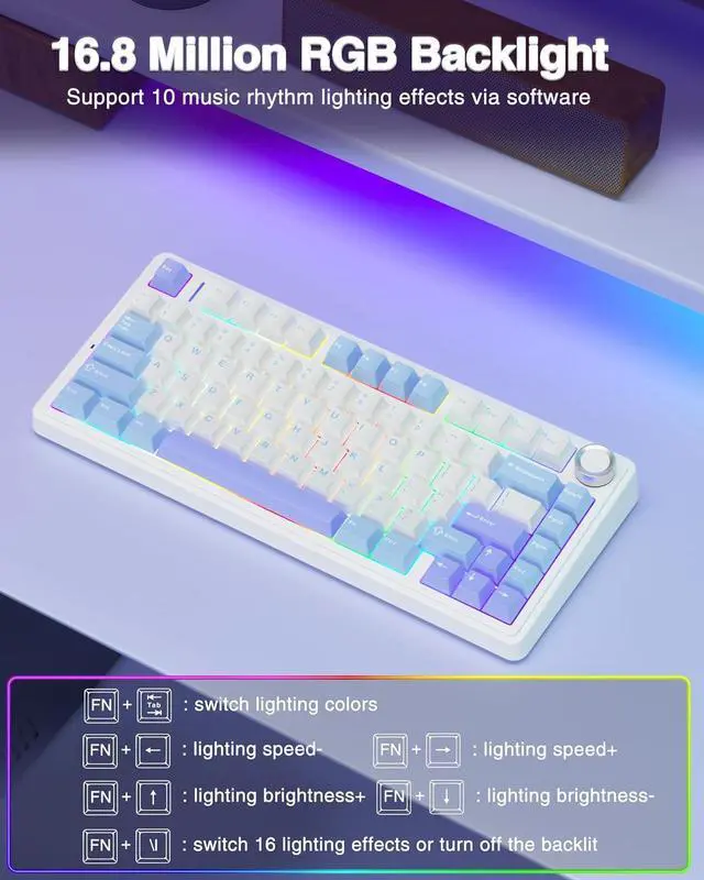 Alt view image 6 of 7 - AULA F75 75% Wireless Mechanical Keyboard, Hot Swappable Creamy Keyboard, Pre-lubed Star Vector Switches RGB Backlit Gaming Keyboards, 2.4GHz/Type-C/BT5.0(White&Blue&Purple)