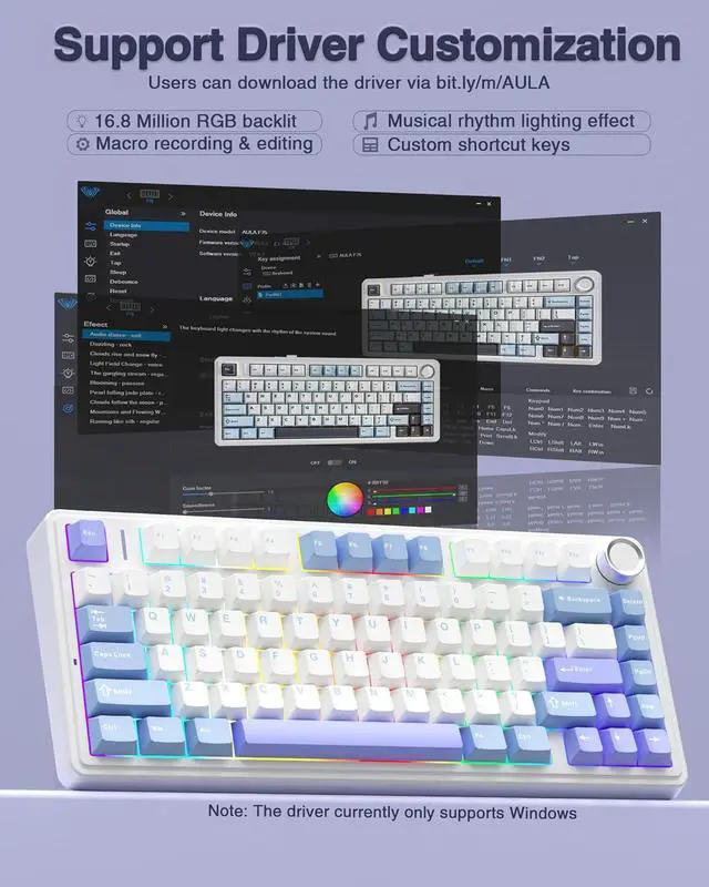 Alt view image 7 of 7 - AULA F75 75% Wireless Mechanical Keyboard, Hot Swappable Creamy Keyboard, Pre-lubed Star Vector Switches RGB Backlit Gaming Keyboards, 2.4GHz/Type-C/BT5.0(White&Blue&Purple)