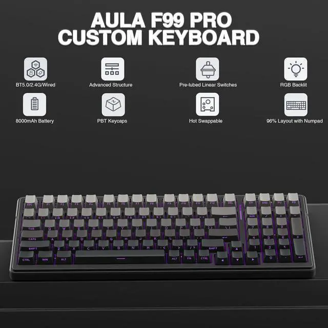 Alt view image 2 of 7 - AULA F99 Pro Wireless Mechanical Keyboard, Hot Replaceable Custom Keyboard, RGB Backlit, Loss Linear Switches, Page Printed PBT Keys, 2.4GHz/USB-C/BT5.0 Mechanical
