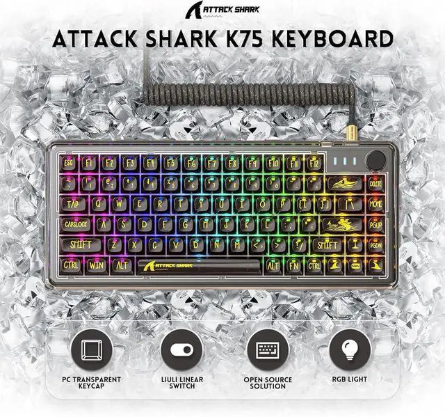 Alt view image 2 of 7 - MAGIC-REFINER 81 Keys Compact Gaming Keyboard and Custom Coiled USB C Cable with RGB Backlight,PC High Transparent Body Full Key Hot-Swappable Mini Keyboard for Win10/Android/IOS/MAC(Black Through)