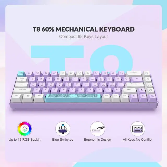 Alt view image 2 of 7 - Yindiao T8 60% Mechanical Gaming Keyboard,68 Keys TKL Compact US Layout Wired Keyboard,18 Chroma RGB Backlit,Blue Switch,Full Anti-ghosting,Pro Custom Coiled USB-C Cable,for PC,Mac,PS4,Xbox-Lavender