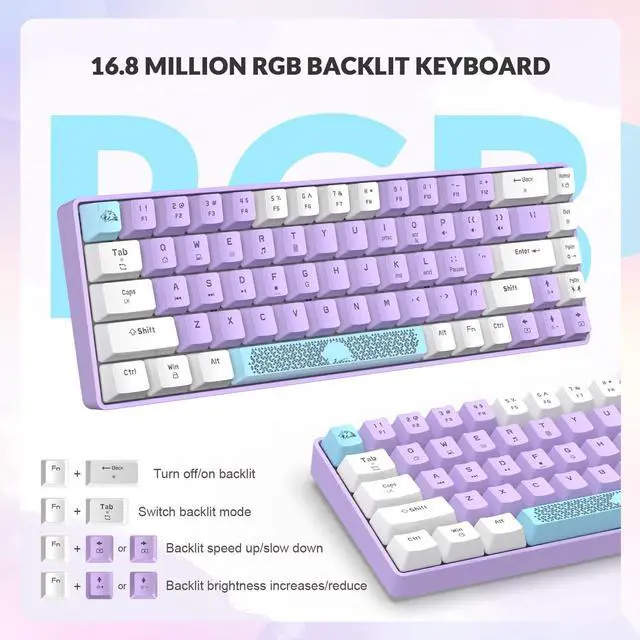 Alt view image 3 of 7 - Yindiao T8 60% Mechanical Gaming Keyboard,68 Keys TKL Compact US Layout Wired Keyboard,18 Chroma RGB Backlit,Blue Switch,Full Anti-ghosting,Pro Custom Coiled USB-C Cable,for PC,Mac,PS4,Xbox-Lavender