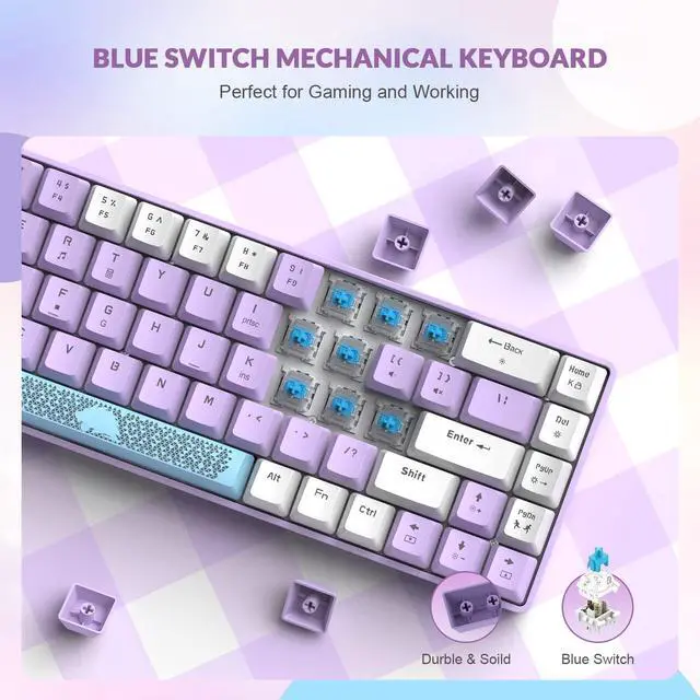 Alt view image 4 of 7 - Yindiao T8 60% Mechanical Gaming Keyboard,68 Keys TKL Compact US Layout Wired Keyboard,18 Chroma RGB Backlit,Blue Switch,Full Anti-ghosting,Pro Custom Coiled USB-C Cable,for PC,Mac,PS4,Xbox-Lavender