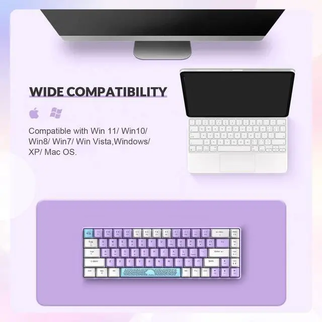 Alt view image 6 of 7 - Yindiao T8 60% Mechanical Gaming Keyboard,68 Keys TKL Compact US Layout Wired Keyboard,18 Chroma RGB Backlit,Blue Switch,Full Anti-ghosting,Pro Custom Coiled USB-C Cable,for PC,Mac,PS4,Xbox-Lavender