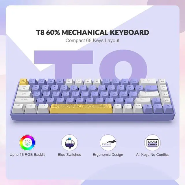 Alt view image 2 of 7 - Yindiao T8 60% Mechanical Gaming Keyboard,68 Keys TKL Compact Layout Mini Wired Keyboard,18 Chroma RGB Backlit,Blue Switch,Anti-ghosting,Pro Custom Coiled USB-C Cable,for PC,Mac,PS4,Xbox-Purple