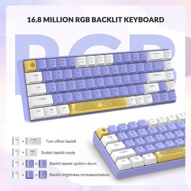 Alt view image 3 of 7 - Yindiao T8 60% Mechanical Gaming Keyboard,68 Keys TKL Compact Layout Mini Wired Keyboard,18 Chroma RGB Backlit,Blue Switch,Anti-ghosting,Pro Custom Coiled USB-C Cable,for PC,Mac,PS4,Xbox-Purple