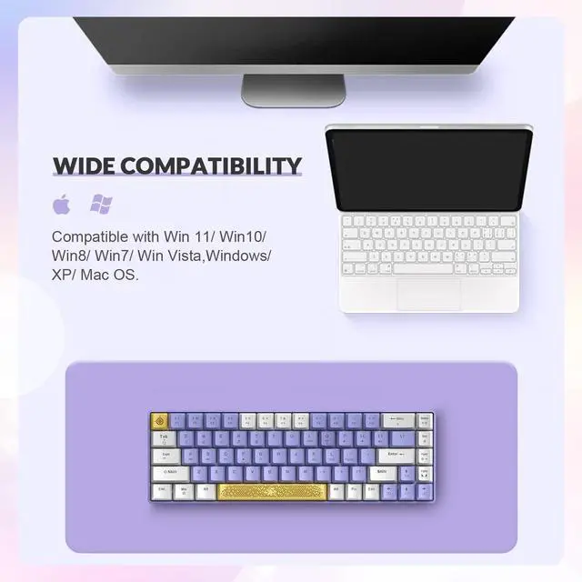 Alt view image 7 of 7 - Yindiao T8 60% Mechanical Gaming Keyboard,68 Keys TKL Compact Layout Mini Wired Keyboard,18 Chroma RGB Backlit,Blue Switch,Anti-ghosting,Pro Custom Coiled USB-C Cable,for PC,Mac,PS4,Xbox-Purple