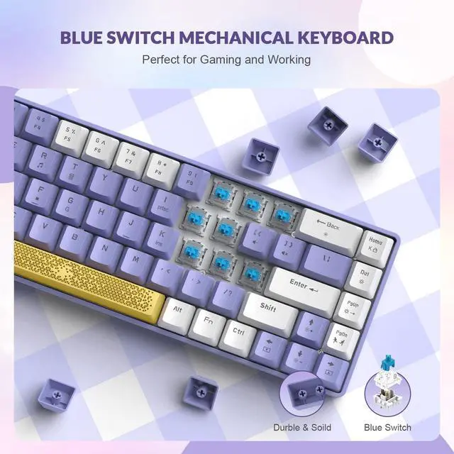 Alt view image 4 of 7 - Yindiao T8 60% Mechanical Gaming Keyboard,68 Keys TKL Compact Layout Mini Wired Keyboard,18 Chroma RGB Backlit,Blue Switch,Anti-ghosting,Pro Custom Coiled USB-C Cable,for PC,Mac,PS4,Xbox-Purple