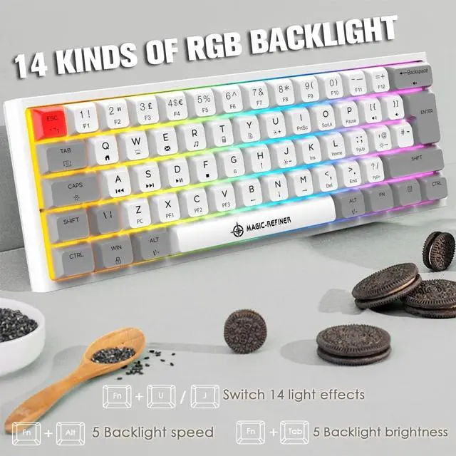 Alt view image 4 of 7 - FELICON 60% Portable Mechanical Gaming Keyboard, 14 Chroma RGB Backlight, Dye-Sublimation Keycap, Type C Wired, Full Anti-ghosting, for PC/Windows/Mac/PS4/XBox (White Grey/Red Switch)