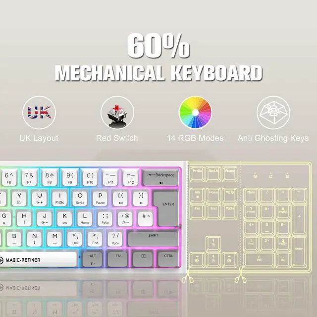 Alt view image 6 of 7 - FELICON 60% Portable Mechanical Gaming Keyboard, 14 Chroma RGB Backlight, Dye-Sublimation Keycap, Type C Wired, Full Anti-ghosting, for PC/Windows/Mac/PS4/XBox (White Grey/Red Switch)