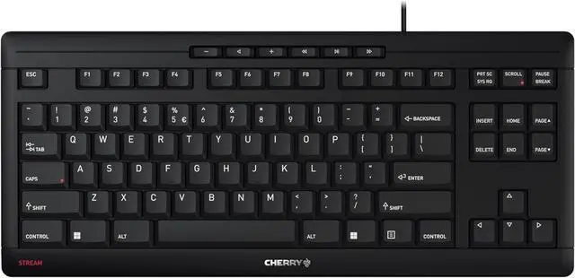 Main image of CHERRY Stream Keyboard TKL, International Layout, QWERTY Keyboard, Wired Keyboard, Blue Angel, SX Scissor Mechanism, Whisper Quiet Keystroke, Black