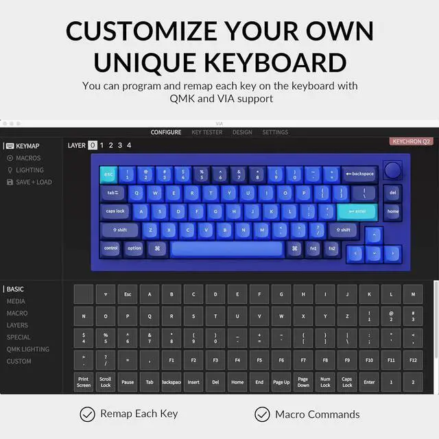 Alt view image 4 of 7 - Keychron Q2 Wired Custom Mechanical Keyboard Knob Version, 65% Layout QMK/VIA Programmable Macro with Hot-swappable Gateron G Pro Brown Switch Double Gasket Compatible with Mac Windows Linux (Blue)
