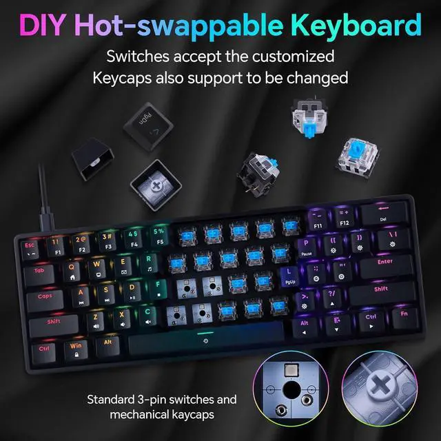 Alt view image 2 of 7 - CHONCHOW 60 Percent Mechanical Keyboard Gaming RGB Wired keypad Ultra-Compact 61 Blue Switches Compatible with Windows Mac Linux Laptop PC Computer(Black)