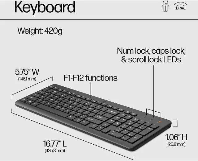 Alt view image 6 of 7 - HP 330 Wireless Keyboard and Mouse Combo - 2.4 Ghz Wireless USB Receiver - Chiclet Keys, 12 Keyboard Shortcuts - 1600 DPI Multi-Surface Mouse - LED Num Lock, Caps Lock, Scroll Lock (2V9E6AA)