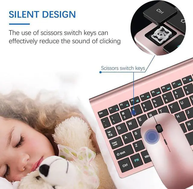 Alt view image 2 of 6 - Wireless Keyboard and Mouse Ultra Slim Combo, TopMate 2.4G Silent Compact USB Mouse and Scissor Switch Keyboard Set with Cover, 2 AA and 2 AAA Batteries, for PC/Laptop/Windows/Mac - Rose Gold Black