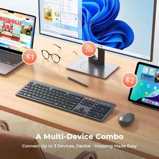 Alt view image 2 of 7 - MEETION Wireless Bluetooth Keyboard and Mouse, Ultra Slim Multi-Device (USB+BT) Keyboard Mice, Quiet Full Size Keyboard with Numeric Keypad, 1200-3200 DPI Mouse, for PC Desktop Tablet Laptop, Win/Mac