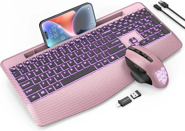 Main image of Wireless Keyboard and Mouse Backlits, Wrist Rest, LED Mouse, Rechargeable Ergonomic Keyboard with Phone Holder, Silent Light Up Combo for Computer, Mac, PC, Laptop, Chromebook (Rose Gold)