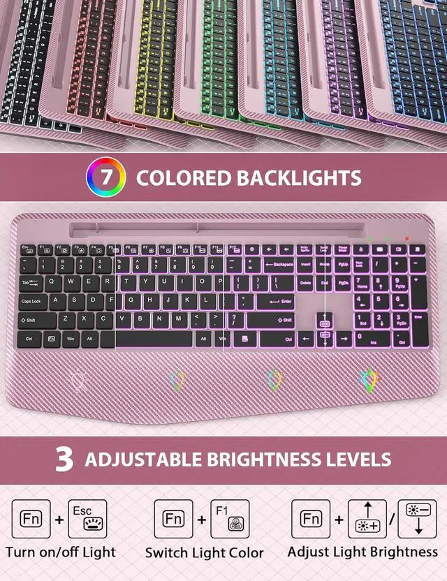 Alt view image 2 of 7 - Wireless Keyboard and Mouse Backlits, Wrist Rest, LED Mouse, Rechargeable Ergonomic Keyboard with Phone Holder, Silent Light Up Combo for Computer, Mac, PC, Laptop, Chromebook (Rose Gold)
