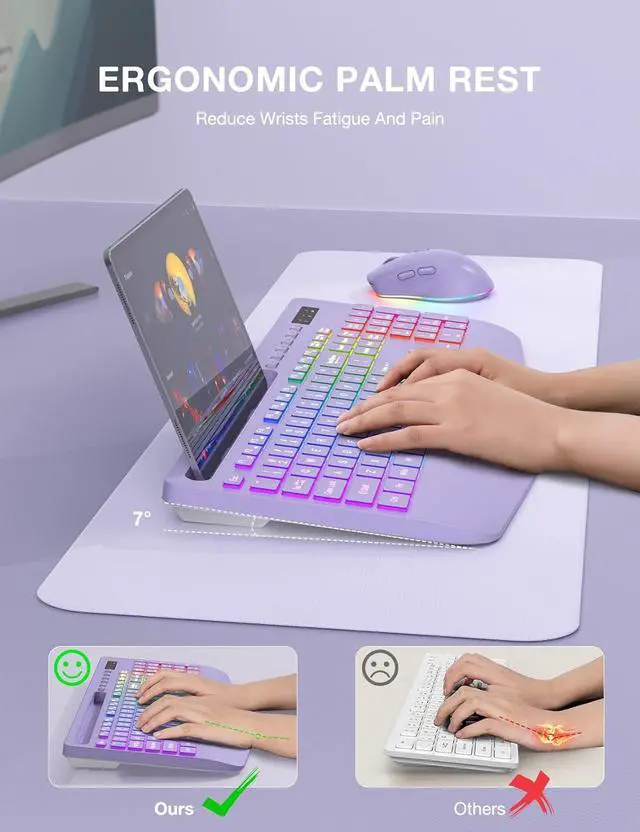 Alt view image 3 of 7 - Wireless Keyboard and Mouse Combo, 9 Backlit Effects, Wrist Rest, Phone Holder, 2.4G Lag-Free Ergonomic Keyboards, Rechargeable Silent Cordless Set for Computer, Laptop, Mac, Windows -SABLUTE (Purple)